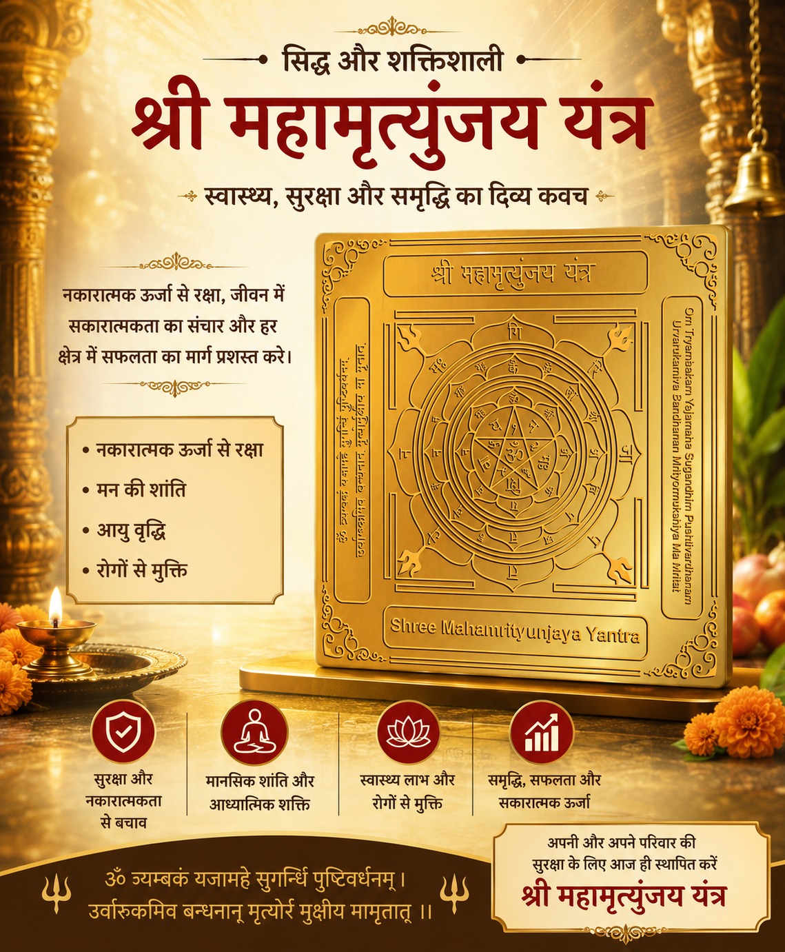 व्यक्तिगत रूप से तैयार शुद्ध तांबे का महामृत्युंजय यंत्र, दीपक की रोशनी में